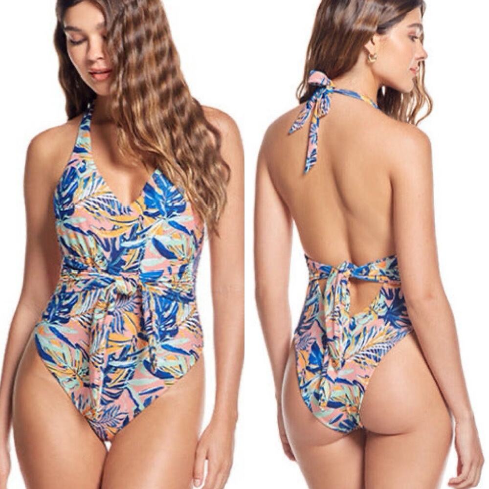 Phax Joyful Halter Wrap One Piece Floral Swimsuit Womens Size XS Mauve Pink